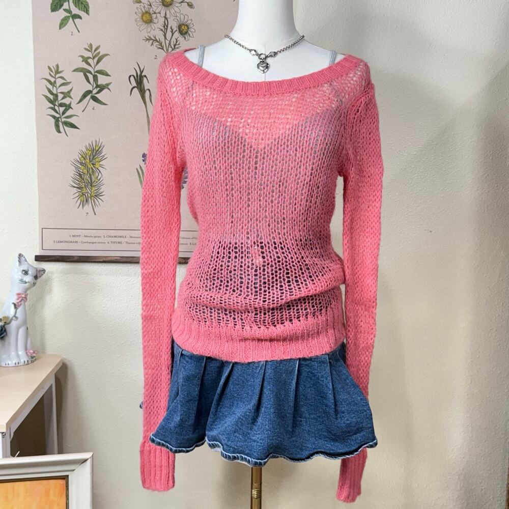 Y2k Sheer Open Knit Mohair Sweater Fairy Whimsy Coquette Dolly Pink Princess S M